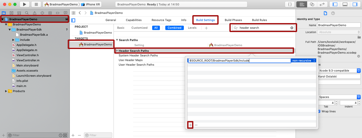 Open Header Search Paths settings